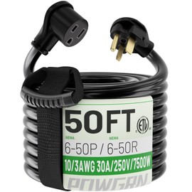 POWGRN 30 AMP 50ft Welder Extension Cord Outdoor 10 Gauge, 250V NEMA 6-50 Heavy Duty Welding Cord 3 Prong, 10AWG SJTW Black, ETL