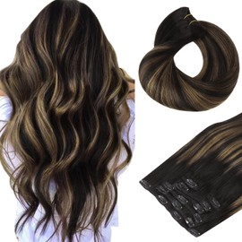 HOTBANANA Human Hair Clip in Hair Extensions, Balayage Natural Black to Chestnut Brown 120g Clip in Hair Extensions Real Human Hair Straight Remy Hair Clip Ins Dark Roots Ombre 24 Inch 7pcs