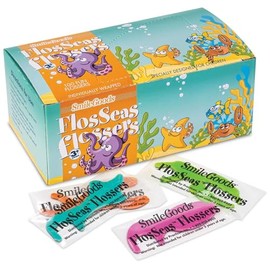 SmileGoods FlosSeas Flossers, hilo dental envuelto individualmente, hilo dental en forma de animal marino para niños, caja de 200 unidades
