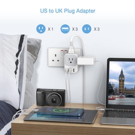 US to UK Plug Adapter, TESSAN Type G Ireland Travel Adapter with 4 Electrical Outlet 3 USB Charger, USA to Dubai Kenya Scotland England British London Hong Kong Irish Singapore Power Adaptor