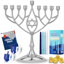 Last Minute Complete Hanukkah Menorah Kit - 9" Menorah, 44 Colored Hanukkah Candles, Chanukah Handbook Guide, 4 Colored Dreidels, Chocolate Gelt Coins - Chanukkah Essentials in 1 Box by Zion Judaica