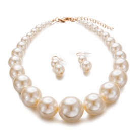 Yuhuan Womens Faux Big Pearl Choker Necklace and Earring Set Fashion Pearl Set