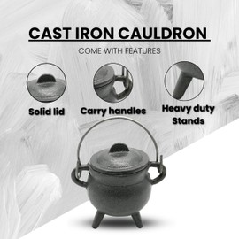 Reusable 4 Inch Cast Iron Cauldron Candle with Lid and Hanging Handle for Spell Casting, Smudging, Ritual & Blessings Pot Belly Witchcraft Candle Aromatherapy Scented (White Sage)