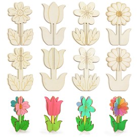 DIY 3D Flower Spring Wooden Craft Slices to Paint, Unfinished Wood Ornaments for Painting, Ideal for Home Decor & Seasonal Crafts(24PCS)