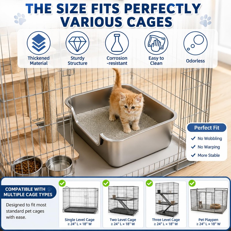 FHTONGE Low Entry Thickened Stainless Steel Cat Litter Box, 23.6x15.8