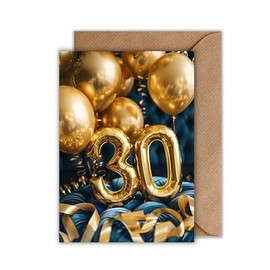 WBdesignz 30th Birthday Card with Envelope - 30th Birthday Card - Happy Birthday Black Gold Balloons Birthday 30 Years Old (A6)