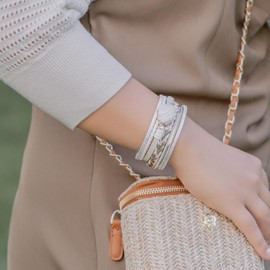 FANCY SHINY Braided Leather Bangle Bracelets Boho Resin Stone Wrap Bracelets Stackable Cuff Bracelets with Magnetic Clasp for Women(White)