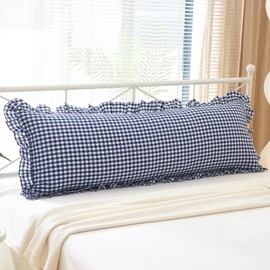 K MASANIJI Navy Blue White Plaid Body Pillow Cover with Ruffles 20x54 inches, 100% Cotton Rustic French Country Vintage Fall Pillow Shams for Bed/Sofa (20x54 inches, Navy Blue/White Plaid)