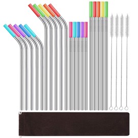 Set de 20 Piezas de Popotes de Acero Inoxidable, POGEPE Popotes Reusables con Puntas de Silicón y Bolsa de Transporte, 4 Cepillo para Popotes y Bolsita para Transportar, para Hogar, Fiestas y Viajes