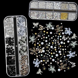 SEMATA 2 Box 3D Flower Nail Charms, Black Nail Gems Gold Silver Butterfly Flatback Pearl Nails Rhinestones Charms for Nails Art Jewels Design Decor(Black)