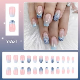 Blue Glitter Gradient Nude Press on Nails Fake Nails Medium Coffin ,Aqinmony with Designs False Nails Medium Coffin, French Tip Full Cover Glue on Nails, Glossy Acrylic Thick Stick on Nails Medium For Women 24Pcs YS521