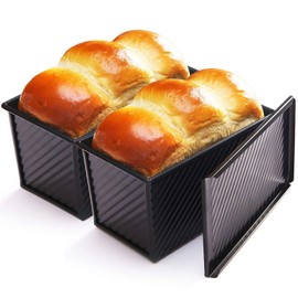 CHEFMADE Pullman Loaf Pan with Lid 2 Pcs, 1Lb Dough Capacity Non-Stick Rectangle Corrugated Bread Pan, Carbon Steel Toast Pan with Cover for Baking Bread - Black