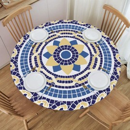 JIAOGSNC Mosaic Circular Blue and Yellow Round Tablecloth Fitted Table Cover Elastic Edged Table Cloth Fits Tables Up to 45"-50" Diameter