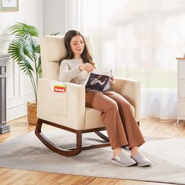 Topeakmart Upholstered Rocking Chair Nursery Modern Accent Chair with Wood Legs Side Pocket Armchair Glider Rocker for Nursery Living Room Bedroom Lounge Beige