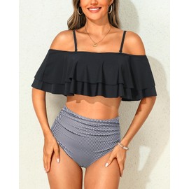 Tempt Me Women Black Stripe Two Piece High Waisted Bikini Set Swimsuit Off Shoulder Ruffle Bathing Suits Tummy Control Ruched Swimwear XL