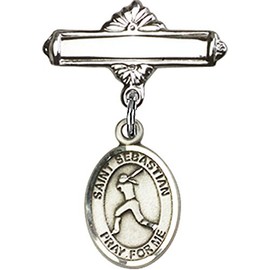 Sterling Silver Baby Badge with St. Sebastian/Softball Charm and Polished Badge Pin 1 X 5/8 inches
