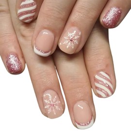 Christmas Press on Nails Short Square Fake Nails White Snowflake Designs White French Tip False Nails Pink White Candy Stripe Winter Stick on Nails Pink Nude Acrylic Glossy Nails for Women Girls 24Pcs