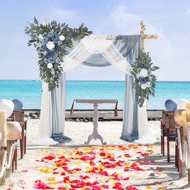 Ting's time Wedding Arch Flowers with Drape Kit (Pack of 4),2pcs Dusty Blue Floral Swags Arrangement and 2pcs Drapes Fabric for Wedding Ceremony and Reception Backdrop Decoration