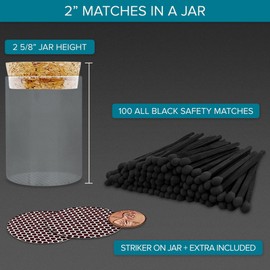 Thankful Greetings 2" All Black Matches in a Jar + Striker Stickers Included | 100 Black Stick Black Tip Decorative Safety Matches w/Cork Top Glass Holder | Gifts, Home Decor, & Candle Accessories