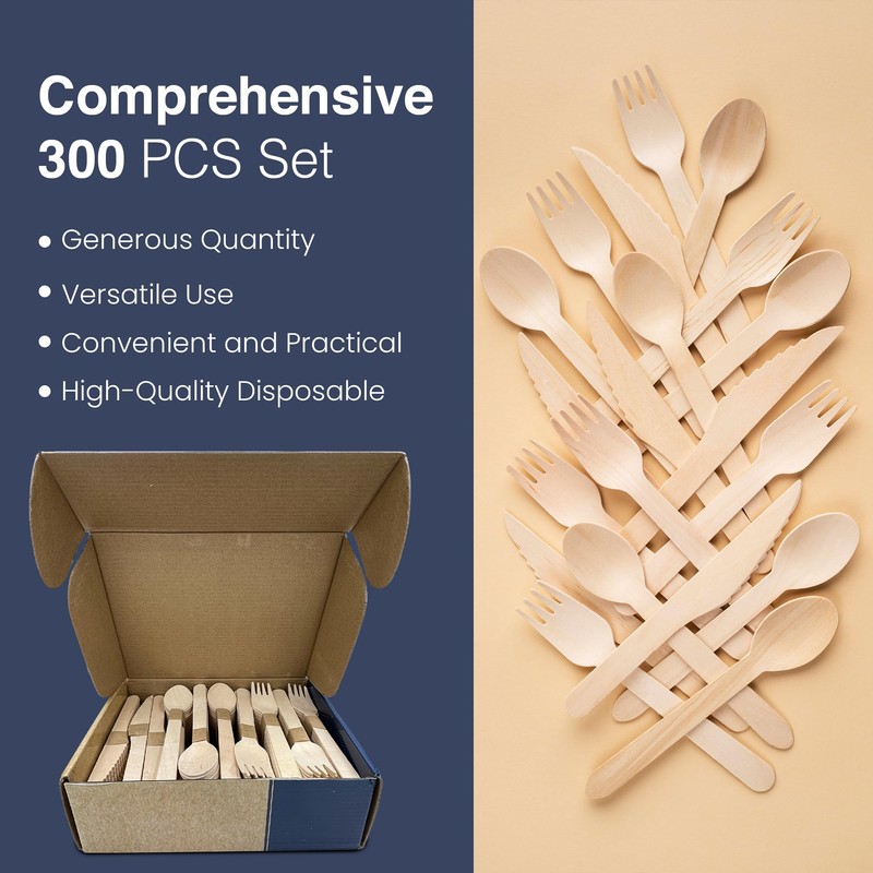 Disposable Wooden Cutlery Set - 300 pcs Wooden Compostable Utensils