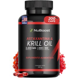 Nuboost Omega 3 Krill Oil con Astaxantina 2400 mg 200 capsulas - Aceite de Krill - Omega 3 EPA y DHA MADE IN USA