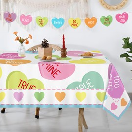 2Pcs Valentines Day Tablecloth Decorations 60x84 Inch: Candy Heart Table Cover with Banner for Home Party Decor - Style 2
