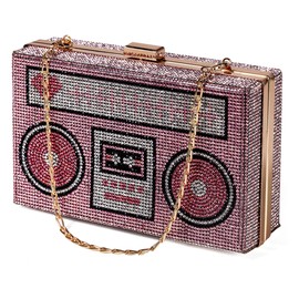 Renabro Women Retro Radio Shape Crossbody Bag Rhinestone Metal Vintage Evening Clutch Purses, Pink Heart