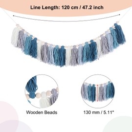sourcing map Bohemian Yarn Tassel Garland with Wood Beads,3.9Ft Blue Cream Gray Wall Hanging Tassels Banner Western Room Decor for Bedroom Office Nursery Classroom Party Decorations