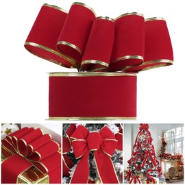 AIMUDI Red Velvet Ribbon for Christmas Tree 2.5 Inch Red Christmas Ribbon Wired Red Ribbon with Gold Trim Red Wired Ribbon for Wreaths Christmas Wired Ribbon Thick Velvet Ribbon for Crafts - 25 Yards