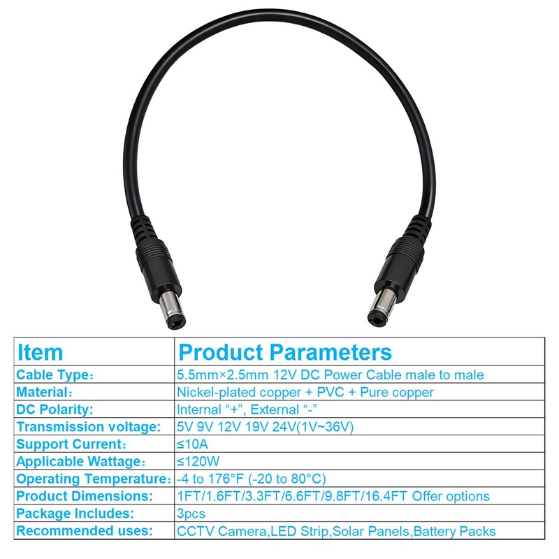 GGIPOWY 5.5mm x 2.5mm 12V DC Power Cable 3-Pack,DC5525 Male