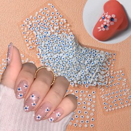 30Pcs Glitter White Flower Nail Art Stickers Decals Cute Daisy Nail Stickers with Blue Rhinestone Design 3D Nail Decals Small Floral Nail Supplies for Woman Wedding Daily DIY Nail Art Decoration Charm