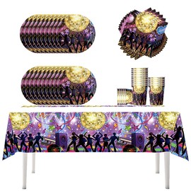 Fuwraixis Pack of 61 Disco Party Tableware, Children's Birthday Party Decoration Tableware, Paper Plates, Paper Cups, Party Set for Music Parties and Anniversaries for 20 People