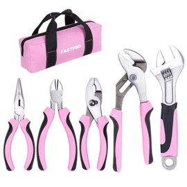 FASTPRO 5-Piece Pink Utility Pliers Set with Storage Bag, Includes Groove Joint, Diagonal, Long Nose, Slip Joint Pliers and 8" Adjustable Wrench