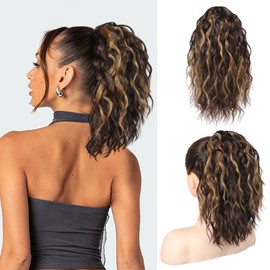 SEIKEA Ponytail Extension, 14" Short Wavy Drawstring Ponytail Lightweight Multi Layered Fake Pony Tails Hair Extensions Clip in Hair Extensions Ponytail Chocolate Brown with Caramel Blonde Highlights