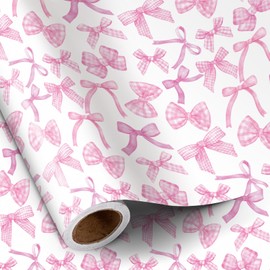 RUSPEPA Pink Bow Wrapping Paper Roll for Girls Women, Mini Roll, Gingham Bow-knot Gift Wrap Paper, Perfect for Baby Shower, Birthday, Wedding, Bridal Shower, Valentine's Day, 17 Inch x 16.4 Feet