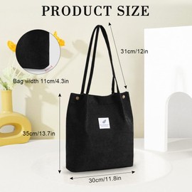 YZROHYI Fabric Tote Bag, Corduroy Large Bag, Shopper Shoulder Bag, Fabric, Fabric Bag for Hanging, Canvas Shoulder Bag, Women's Tote Bag, Shoulder Bag, School Handbag, Work, black