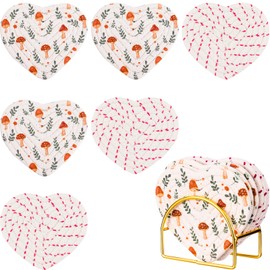 6 Pcs Mushroom Coasters with Holder Heart Coaster Set of 4.1 × 4.9 inch, Cotton Cup Mat Absorbent Coasters for Drinks Home Decor Tabletop Housewarming Gifts (Mushroom)