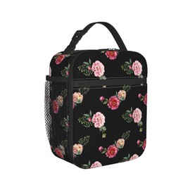 WJLKSJD Insulated Black Flower Lunch Bag for Teen Girls Women, Reusable Leakproof Cooler Floral Lunch Box Bag for Kids School Office Work Picnic Beach