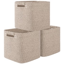 OIAHOMY Storage Cubes 11 Inch Storage Bins-3-Pack, Cotton Rope Woven Baskets for Organizing, Square Storage Baskets for Shelves Organizer, Classroom, Kids Toy Bins, Closet, Baby Nursery-Brown
