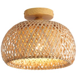 Bamboo Flush Mount Light Fixture Natural Handmade Woven Semi Flush Mount Ceiling Light for Hallway Bedroom Kitchen Entryway Farmhouse