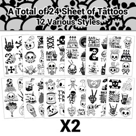 144 PCS Bad Two the Bone Temporary Tattoos Stickers, Bad Two the Bone Birthday Decoration Boy Supplies Gifts for Boy Rock Music 2 Year Old Birthday Born to Rock Party