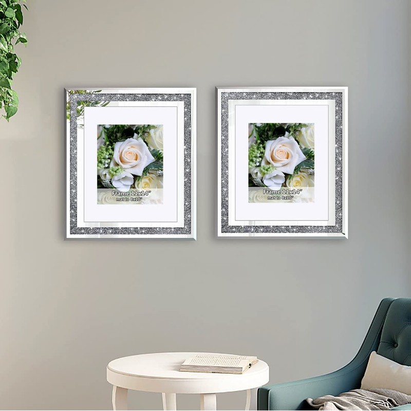 Crushed Diamond Wedding Mirror Photo Frame, Crystal Silver Glass Picture