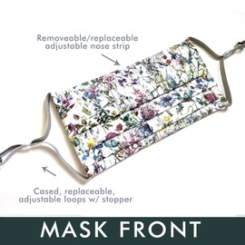 Liberty London "Wildflowers" Floral Face Mask, Double Layer Pleated Tana Lawn Fabric - Light and Soft, Nose Strip, Adjustable, Filter pocket, lined with Organic Cotton)