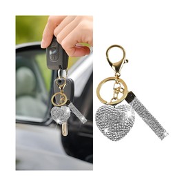 Sandfren Bling Car Keychain, Crystal Rhinestone Love Heart Vehicle Key Chain, Cute Auto Keyring Accessories, Universal Fit (White)