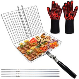 Grill Basket with Heat Resistant Gloves and Grilling Skewers Large Stainless Steel BBQ Basket for Outdoor Camping with Removable Handle for Veggies, Fish, Shrimp, Steaks, Chicken Barbeque Accessories