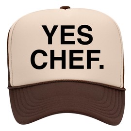 Yes Chef Trucker Hat | Food Influencer Bear Meme Funny Drinks Cowboy Vintage | Premium Mesh Foam Snapback Hat for Men & Women (US, Alpha, One Size, Brown/Tan)