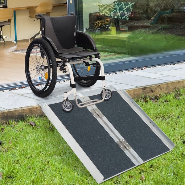 HOMCOM Textured Aluminum Folding Wheelchair Ramp, 2' Portable Threshold Ramp, for Doorways, Home, Steps, Stairs