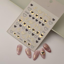 Black Heart Nail Stickers Decals Gold Line Nail Decals for Nail Art Self Adhesive Valentine's Day Nail Decals Love Nail Design for Women 5D Embossed Nail Supplies Nail Art Decorations