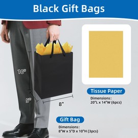 Argivean Medium Black Gift Bags: 3pcs 8x5x10 Inch Gift Bags With Handle For Wedding Party Birthday Business (With Gold Tissue Paper)