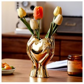 Jarrón de cerámica dorado de 8 pulgadas, diseño de corazón a mano, diseño único y moderno, para sala de estar, recámara, oficina, cocina, mesa de centro o estante, regalos para bodas, despedidas de